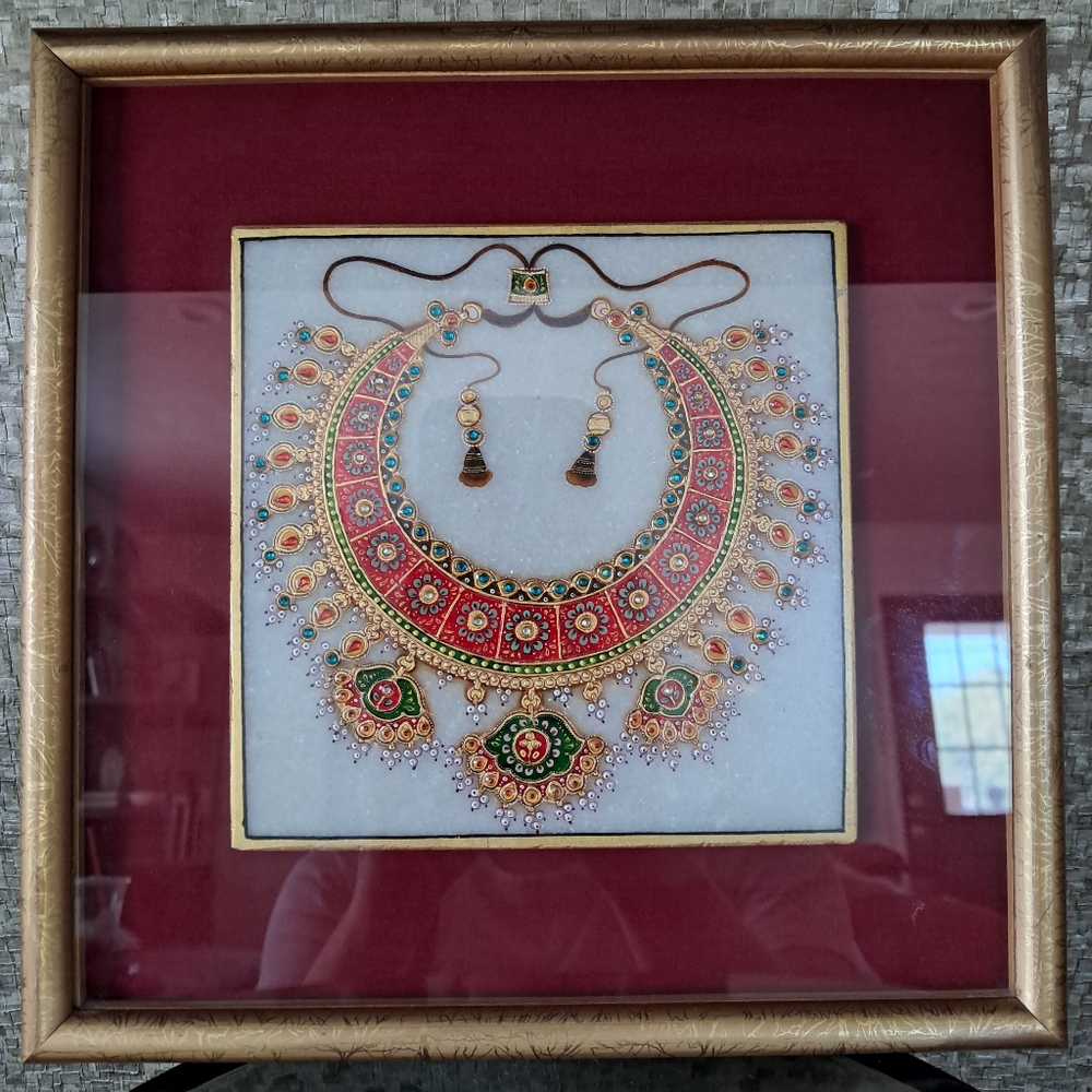 Stunning Painted Marble with Gems Framed Gold Artwork - Indian